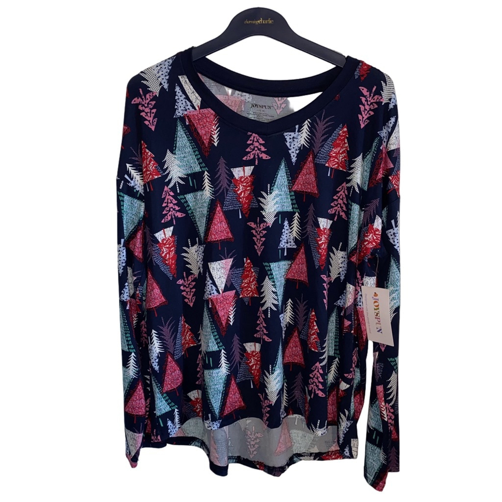 Women's Joyspun Long Sleeve Navy and Pink Christmas Top Size L NWT